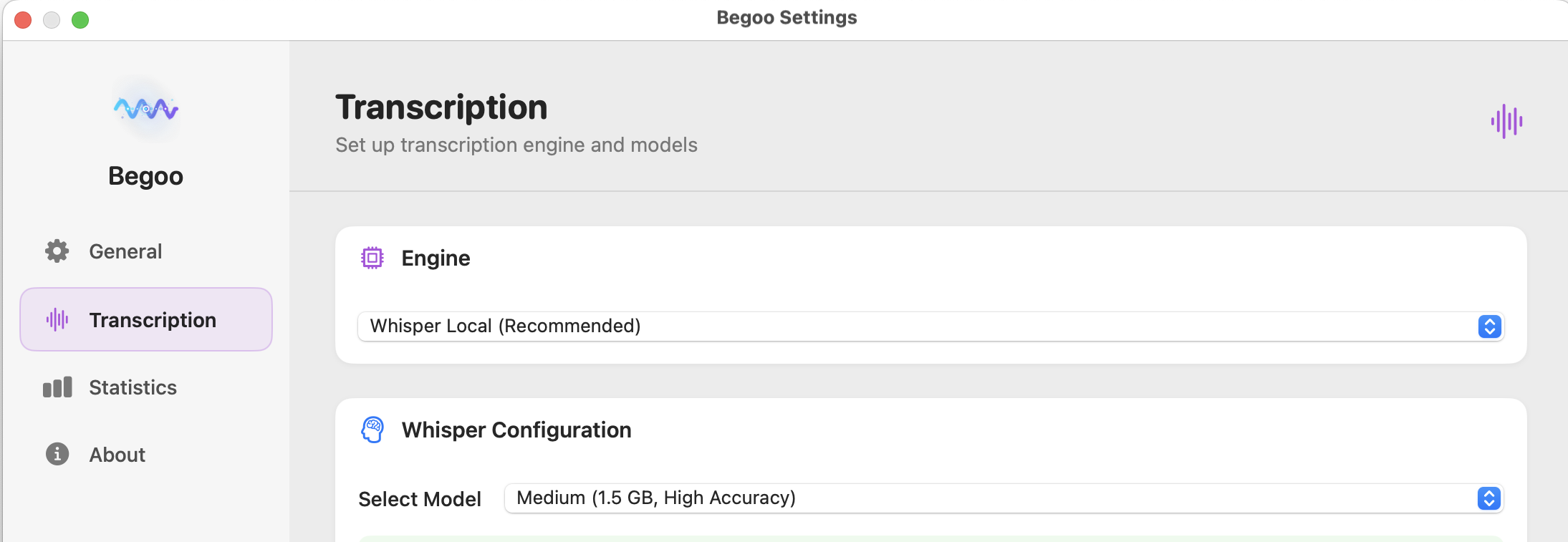 Whisper model settings